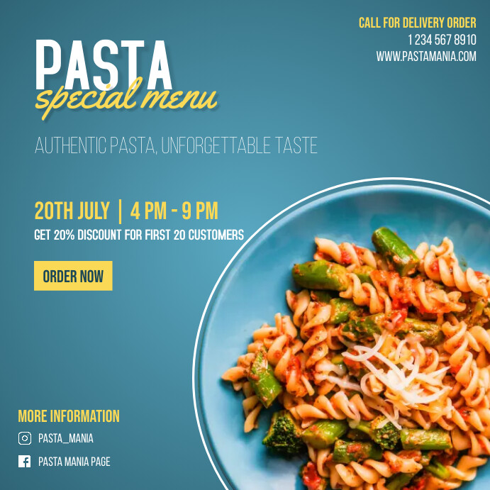 Aqua Pasta Food Special Menu Instagram Ads Po Template | PosterMyWall