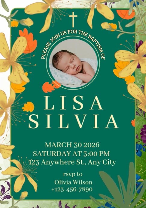 Aqua Pastel Emerald Floral Baptism Invitation Template A4