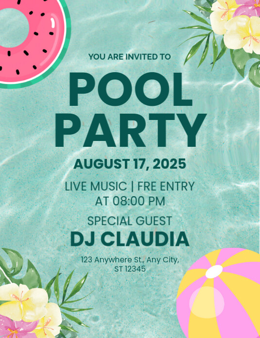 Aqua Pastel You Are Invited To Pool Party Flyer (us Letter) template