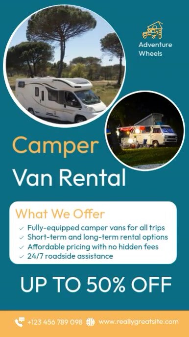Poster Design For Rv Rental Aqua Professional Camper Van Rental Services Template Tiktok Video ...