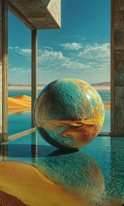 Aqua Surreal Desert Oasis View With Floating Earth Sphere And Water ...