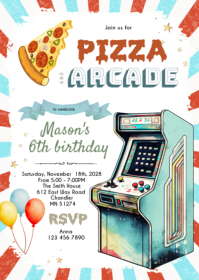 Arcade and pizza party invitation A6 template
