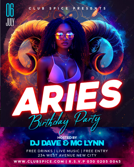 Aries birthday party dj night club music event invitation flyer template Instagram post