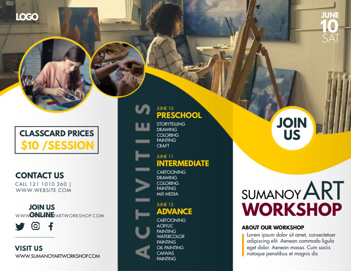 Arts & Crafts Workshop Trifold Brochure Template | PosterMyWall arts-crafts-workshop-trifold-brochure-template-postermywall