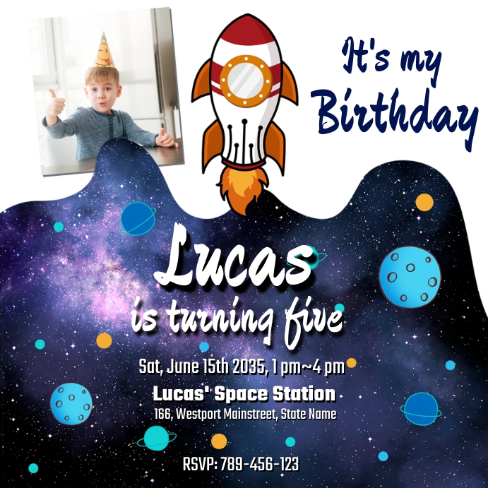 Astronaut Rocket birthday party card Template | PosterMyWall Astronaut Rocket birthday party card Template | PosterMyWall
