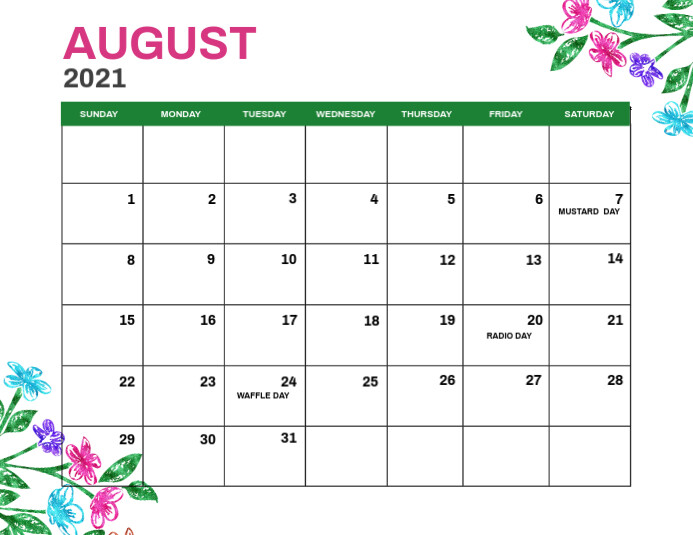 August 2021 Monthly Events Calendar Template PosterMyWall