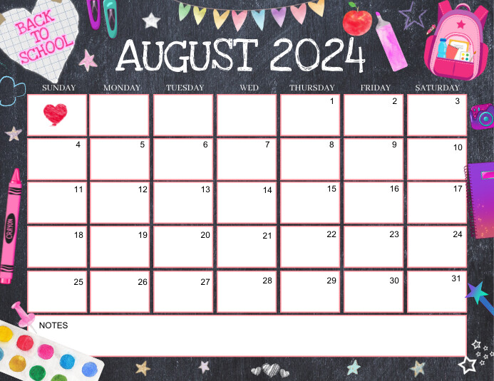 August 2024 Back to School Calendar Template | PosterMyWall august-2024-back-to-school-calendar-template-postermywall