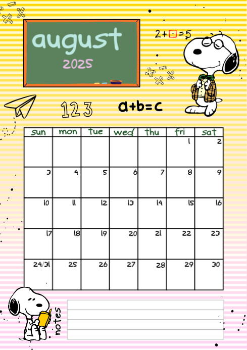August Calendar Snoopy A4 template