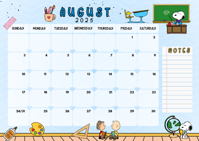 August Snoopy 2025 Calendar  Back to School A4 template