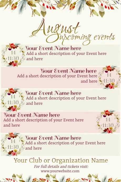 Busy August Event August Upcoming Events Calendar Template | PosterMyWall