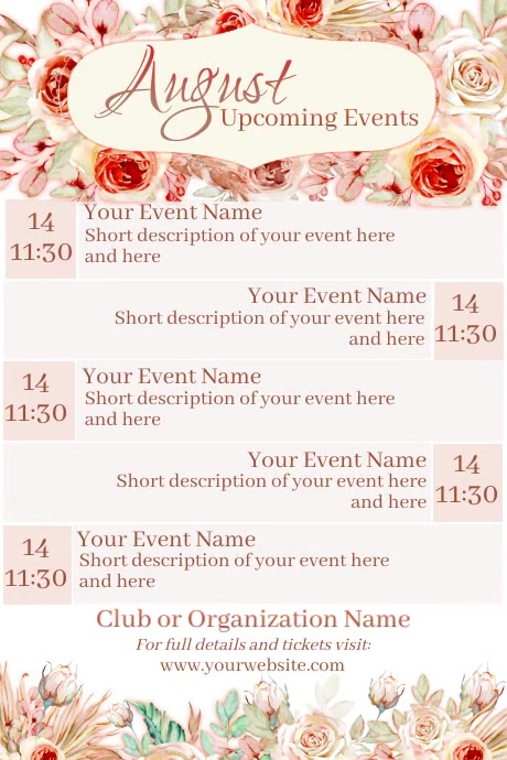 Busy August Event August Upcoming Events Calendar Template | PosterMyWall