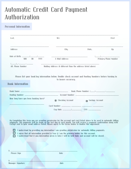 Auto Charge Form Automatic Payment Form Template