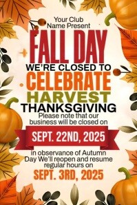 สีเหลือง Thanksgiving Closure Announcement Poster Template