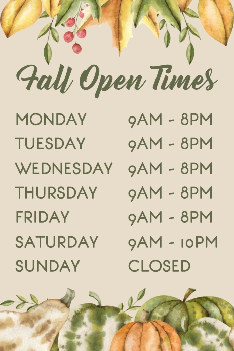 Copy of Autumn Fall Business Open Times Door Sign | PosterMyWall