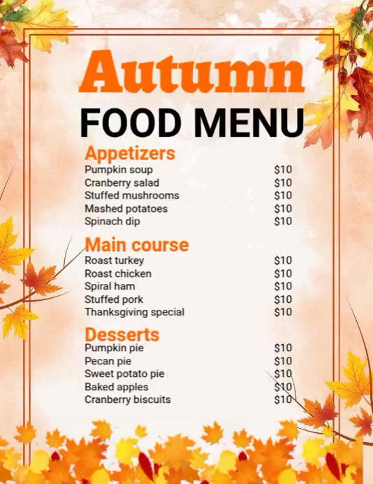 Fall Menu Sample Autumn Food Menu List Template | PosterMyWall