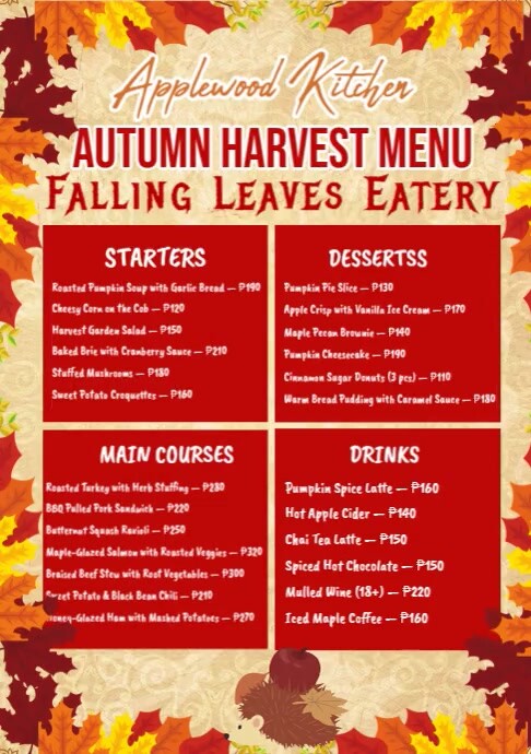 Fall Menu Sample Autumn Harvest Menu at Falling Leaves Eatery Template | PosterMyWall