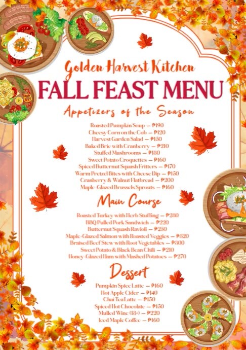 Fall Menu Sample Autumn Harvest Menu At Falling Leaves Eatery Template | PosterMyWall