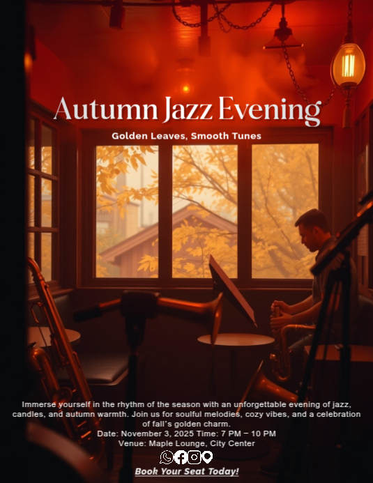 Autumn Jazz Night Flyer Template – Cozy Fall Lounge Music Event Design ...