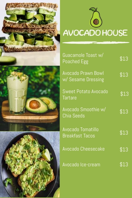 Avocado Menu Template | PosterMyWall