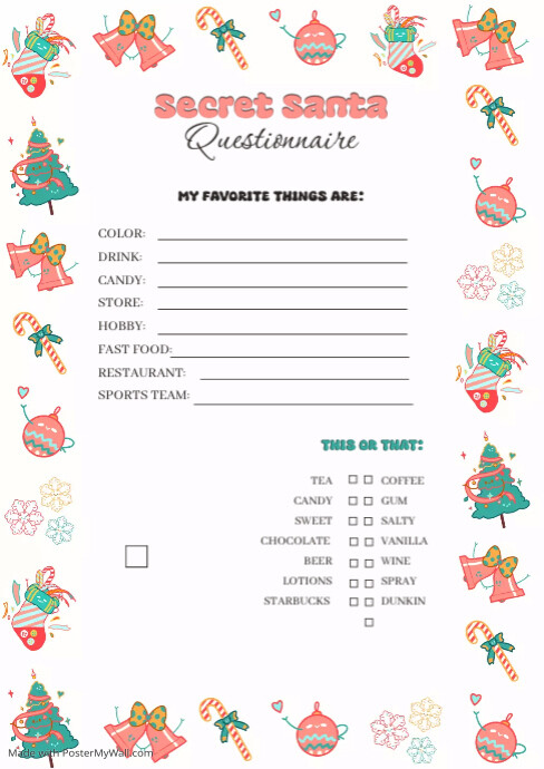 secret santa questionnaire printable TEMPLATE | PosterMyWall