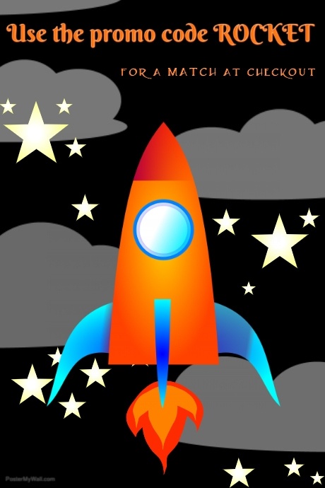 Dark black night with cute stars and space rocket and fluffy Affiche template