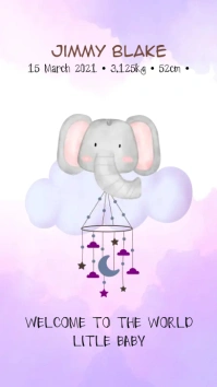 Baby Announcement Purple Elephant Digital Display (9:16) template