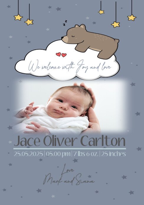 Baby announcement with bear on cloud gray A5 template
