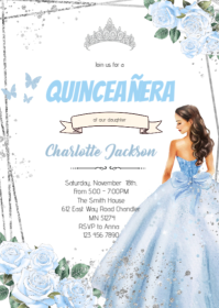 Baby blue and silver Quinceanera Invitation A6 template
