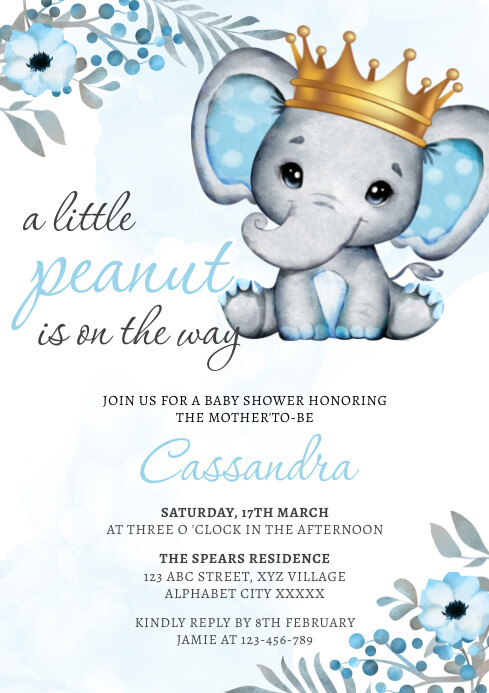 Baby Blue Elephant Floral Baby Shower Invitat Template | PosterMyWall