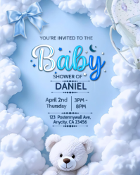 Baby Boy Shower Invitation Blue Cloud Teddy Bear Editable Template Instagram Portrait