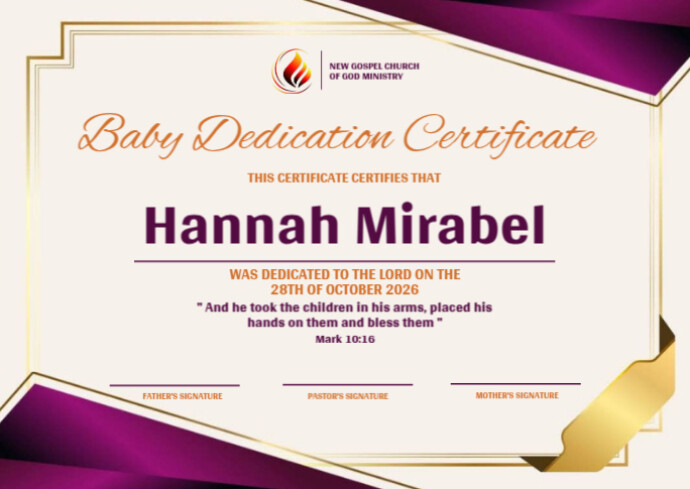 baby dedication certificate A6 template