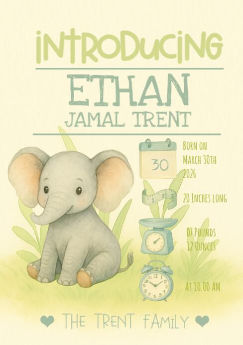 Baby elephant sitting on grass patch baby announcement card A5 template