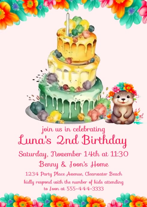 Baby Girl's Birthday Party Invitation A6 template