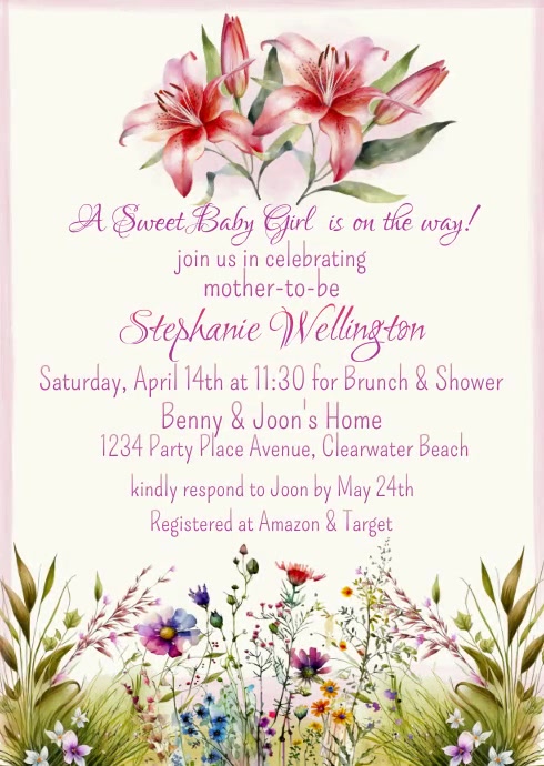 Baby Girl's Shower Invitation A6 template