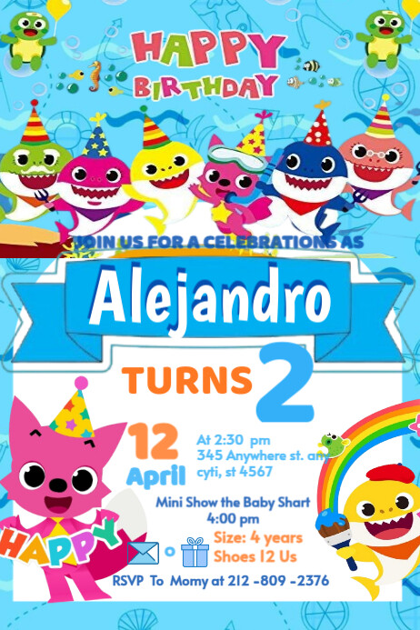 Baby shark invitation Editable Happy Brithday party celebration temple boy Cartaz template