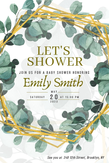 Baby Shower Invitation gold green leafs Cartaz template