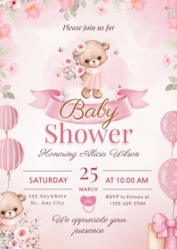 Baby Shower Invitation Pink Bear A6 template