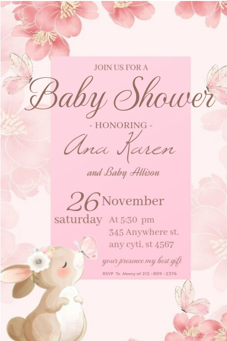 Baby shower rabbit pink butterfly  Invitation celebration temple editable flayer poster Cartaz template