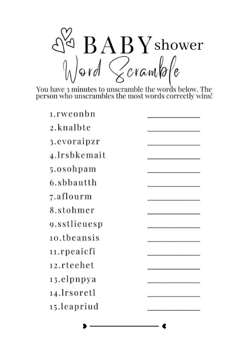 Baby Shower Word Scramble | Baby Shower Game A6 template