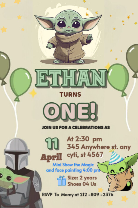 Baby Yoda invitation Brithday party celebration temple editable flayer kids Plakkaat template