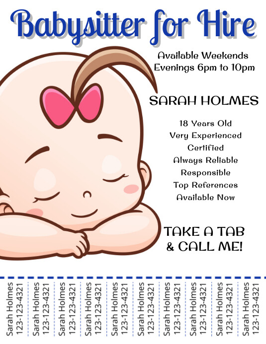 White Babysitter For Hire Flyer template