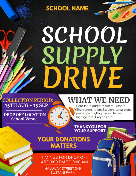 Back to school, school supply drive Template PosterMyWall