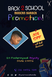 Back to School Kids Haircut Sale – Modern Barber 50% Off Promotion Poster template