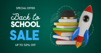 back to school sale poster with stack of books, rocket and graduation hat Immagine condivisa di Facebook template