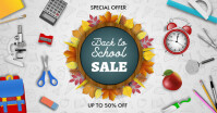 back to school sale poster with supplies and chalkboard with fall leaves Immagine condivisa di Facebook template