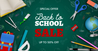 Back to school sale poster with supplies on chalckboard with doodles Facebook 共享图片 template