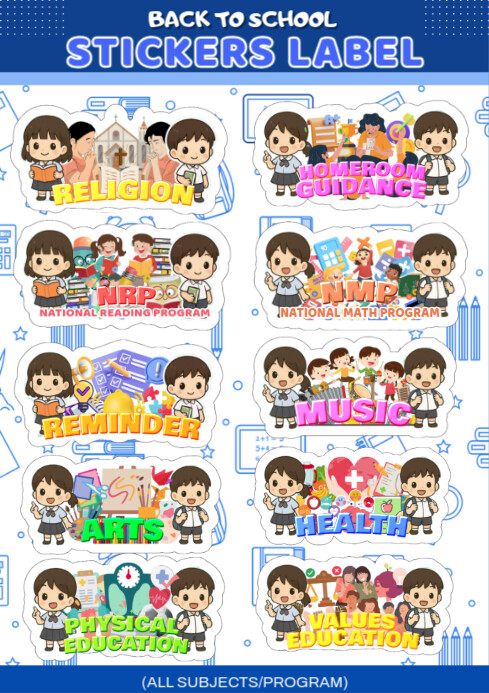 Back to School Stickers Label: All Subjects/Programs A4 template