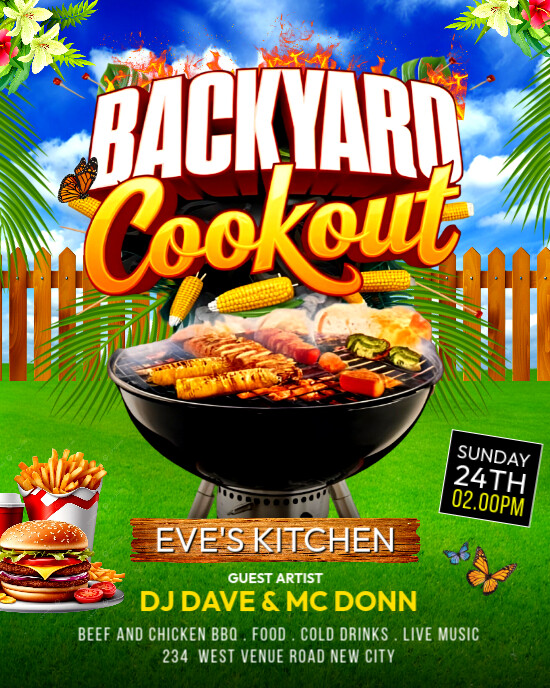Backyard cookout barbecue bbq outdoor event invitation editable flyer