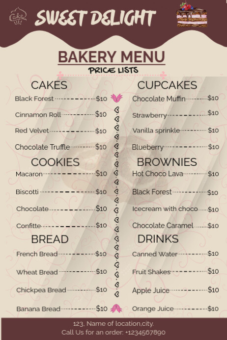 Bakery Menu price list Post Template | PosterMyWall