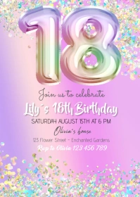 ballon glitter 18TH birthday invitation A6 template